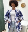 White and blue printed kimono
